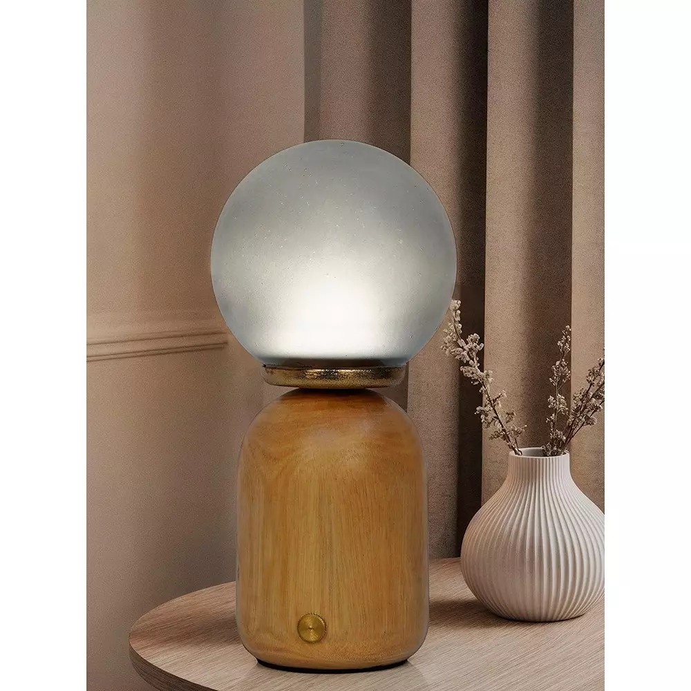 Fos Lighting Table Lamp Wood Capsule Touch-Activated LED Table Lamp with Smoky Frosted Glass