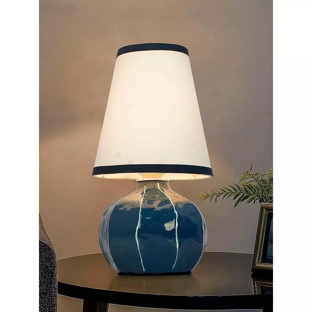 Fos Lighting Contemporary Table Lamp with Hand-Painted Lines Enamel Blue Melon Shaped 40 W