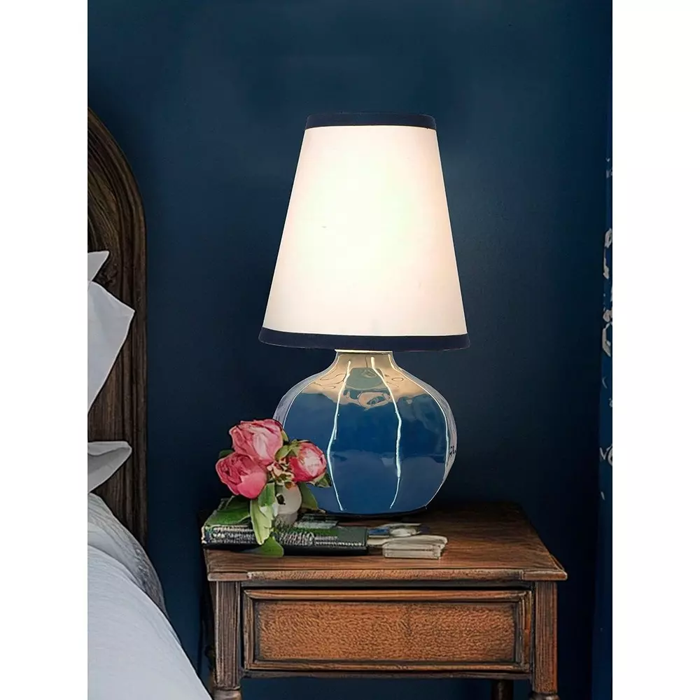 Fos Lighting Contemporary Table Lamp with Hand-Painted Lines Enamel Blue Melon Shaped 40 W