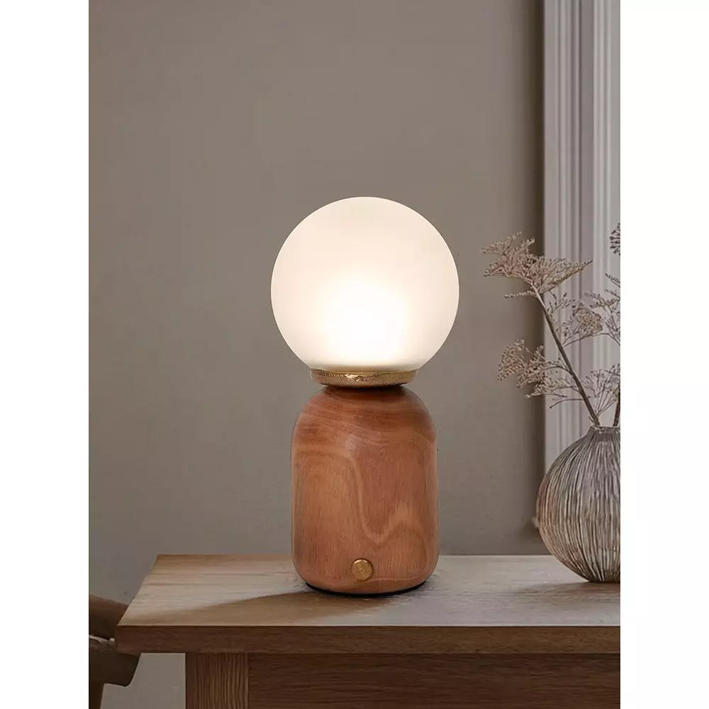 Fos Lighting Table Lamp Modern Natural Wood & Glass Rechargeable LED Dimmable Touch Table Lamp