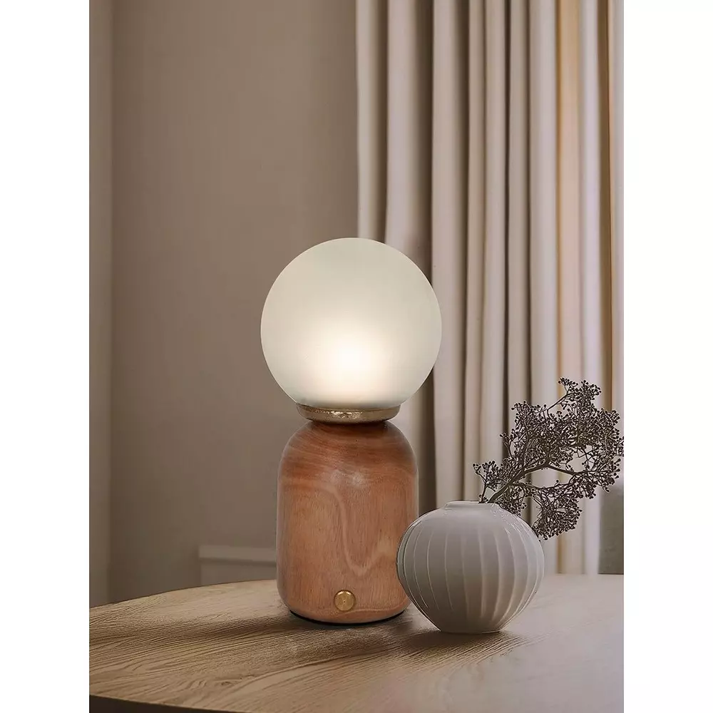 Fos Lighting Table Lamp Modern Natural Wood & Glass Rechargeable LED Dimmable Touch Table Lamp