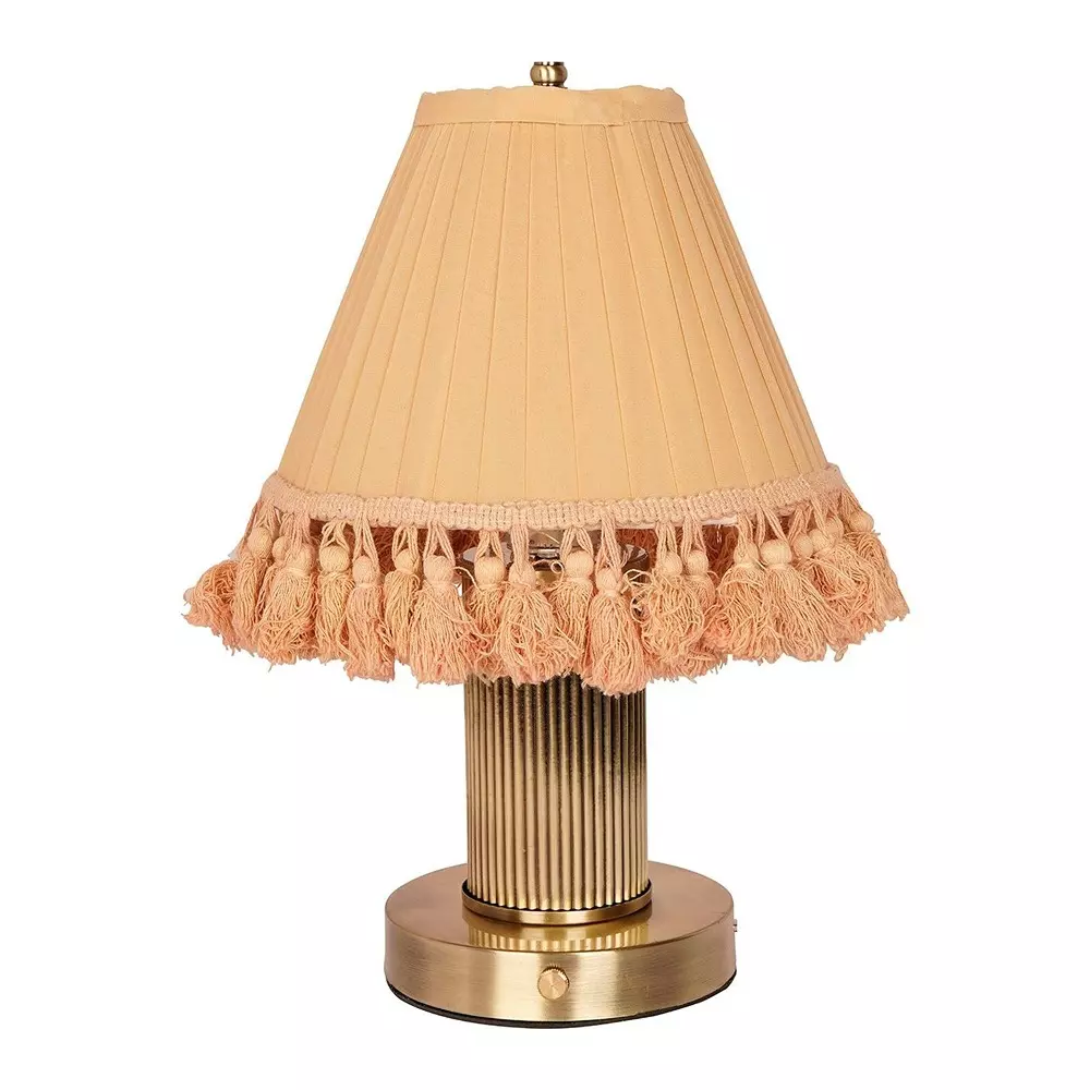 Fos Lighting Table Lamp Cordless Dimmable Touch Table Lamp with Pleated Camel Fabric Shade | Antique Brass Finish