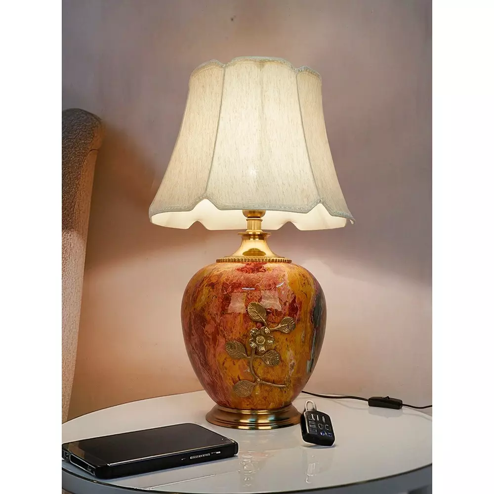 Fos Lighting Table Lamp Majestic Magma Red Stone Pot Metal Table Lamp with Fancy Scallop Shade