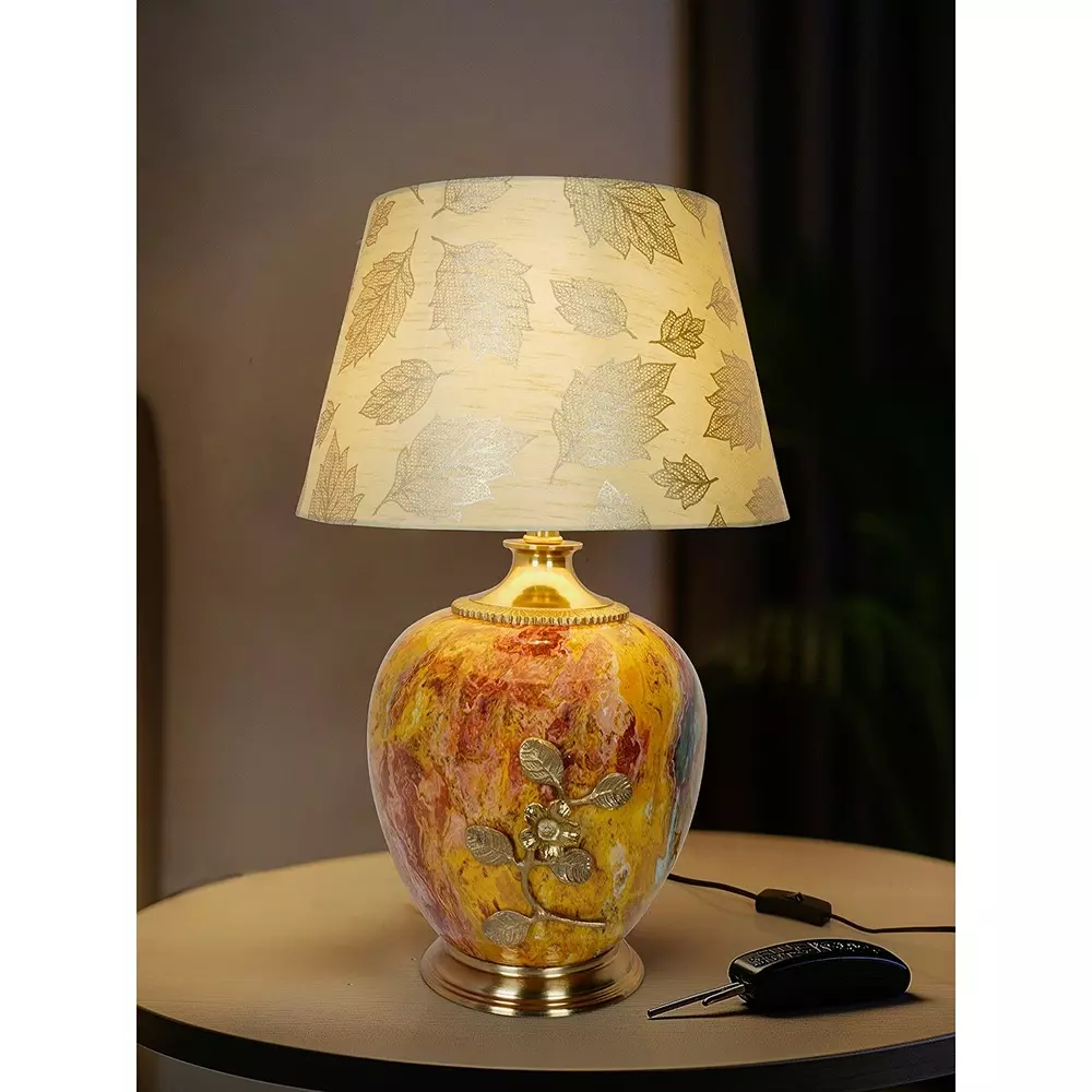 Fos Lighting Table Lamp Majestic Magma Red Stone Pot Metal Table Lamp with Gold Leaf Shade