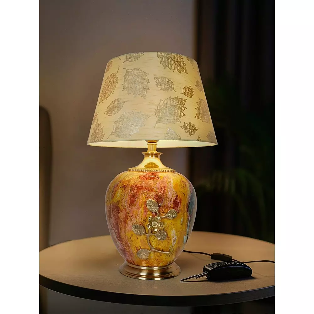 Fos Lighting Table Lamp Majestic Magma Red Stone Pot Metal Table Lamp with Gold Leaf Shade