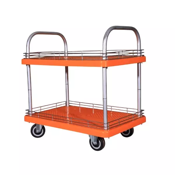 SRP 2 Layer Plastic Platform Trolley With Border 200 Kg Capacity Mild Steel Handle 720x480 mm Platform Size, PT-200-2LB