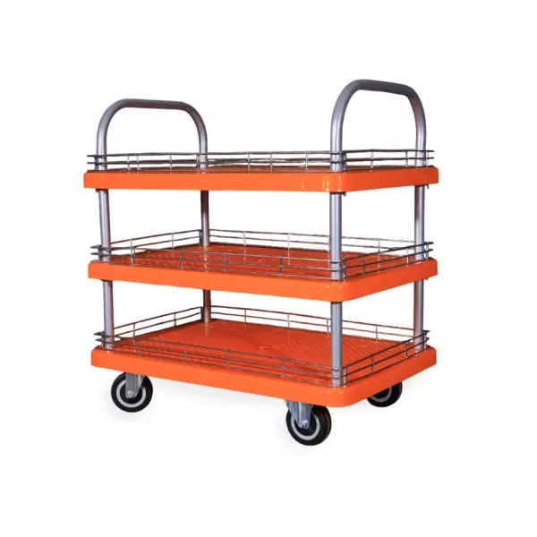 SRP 3 Layer Plastic Platform Trolley With Border 400 Kg Capacity Stainless Steel Handle 900x600 mm Platform Size, PT-400-3LB-SS