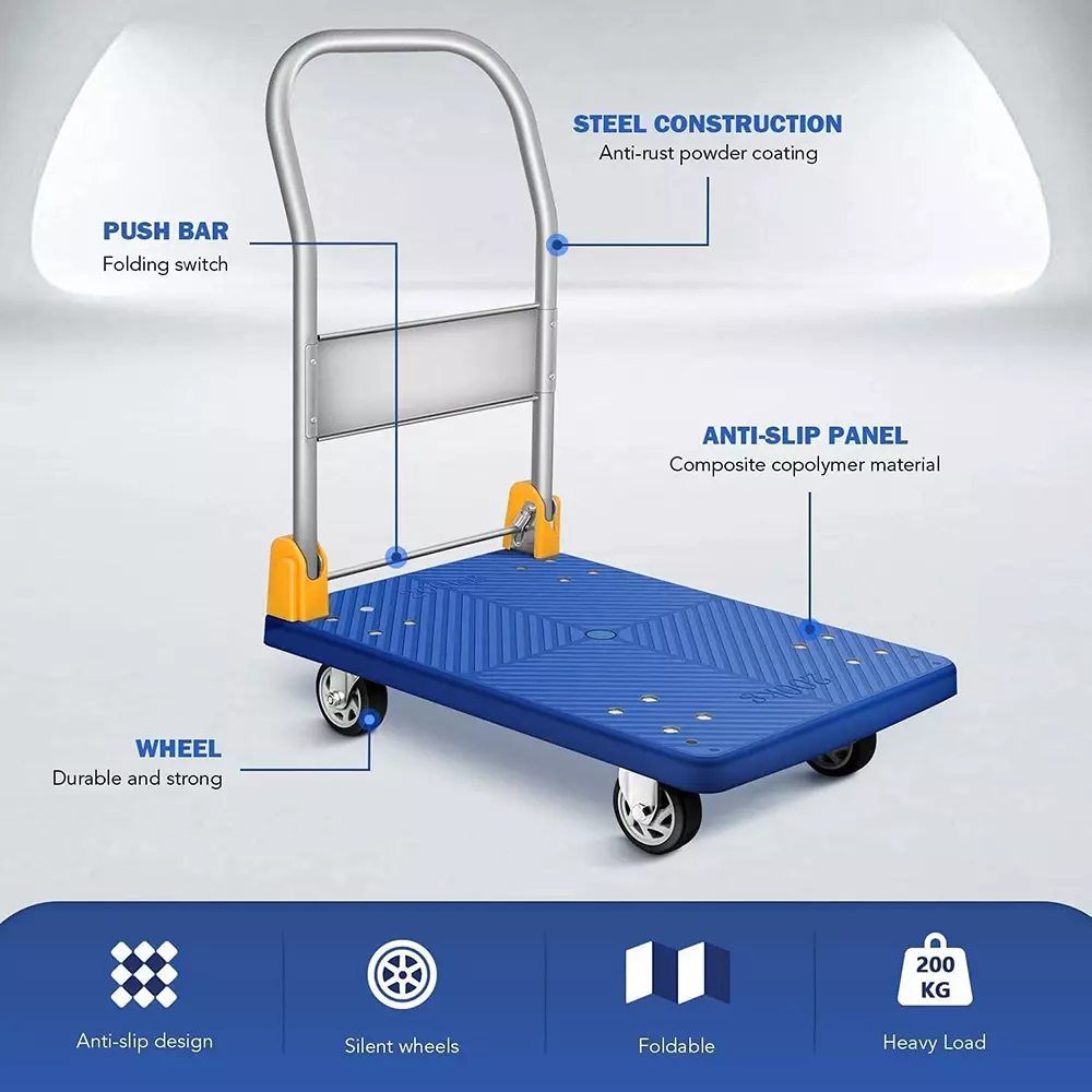 Nutronics Folding Steel Platform Trolley Blue & Black 4 Wheels 150 Kg Weight Capacity