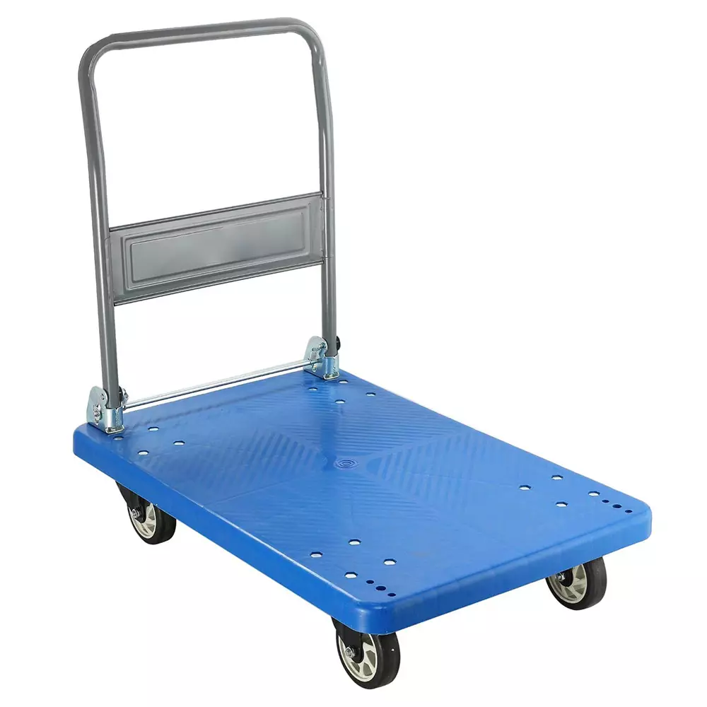 Crown Power Foldable Platform Trolley Blue Plastic 300 Kg Load Capacity with Steel Handle & Wheels