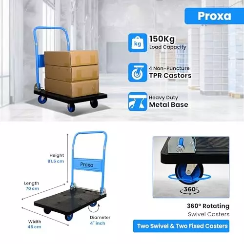 Proxa Folding Platform Truck 150 Kg Capacity Polypropylene Caster without Bearings, PXA-PPC150