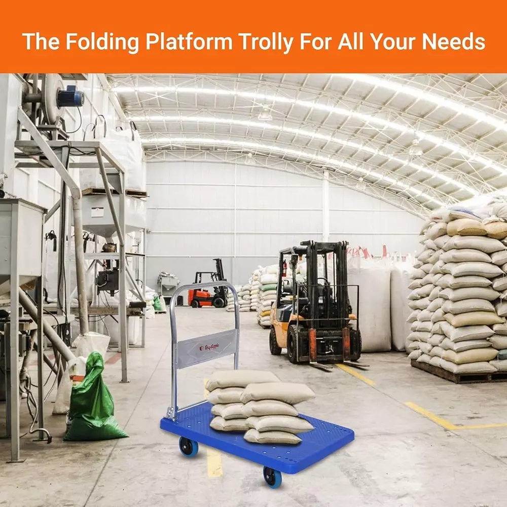 Hartley Foldable Platform Trolley 400 Kg Load Capacity Ergonomic Handle 4 Wheel Plastic Blue & Black, NS HT-400kg