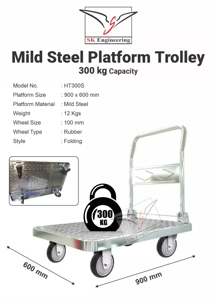 SK ENGINEERING Mild Steel Platform Trolley Load Capacity 300 Kg With 4 Wheels, HT300S