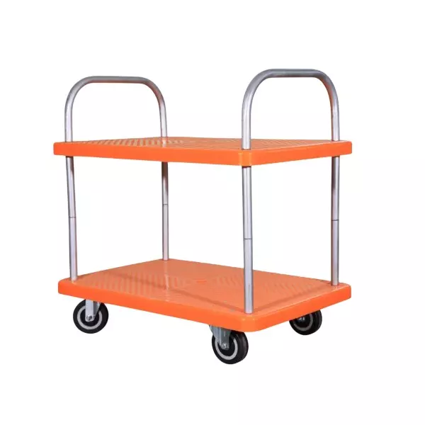 SRP 2 Layer Plastic Platform Trolley 400 Kg Capacity Stainless Steel Handle 900x600 mm Platform Size, PT-400-2L-SS