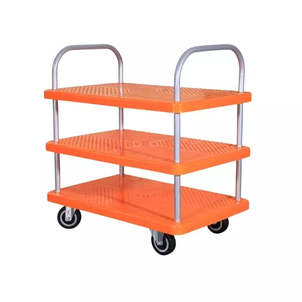 SRP 3 Layer Plastic Platform Trolley 200 Kg Capacity Stainless Steel Handle 720x480 mm Platform Size, PT-200-3L-SS