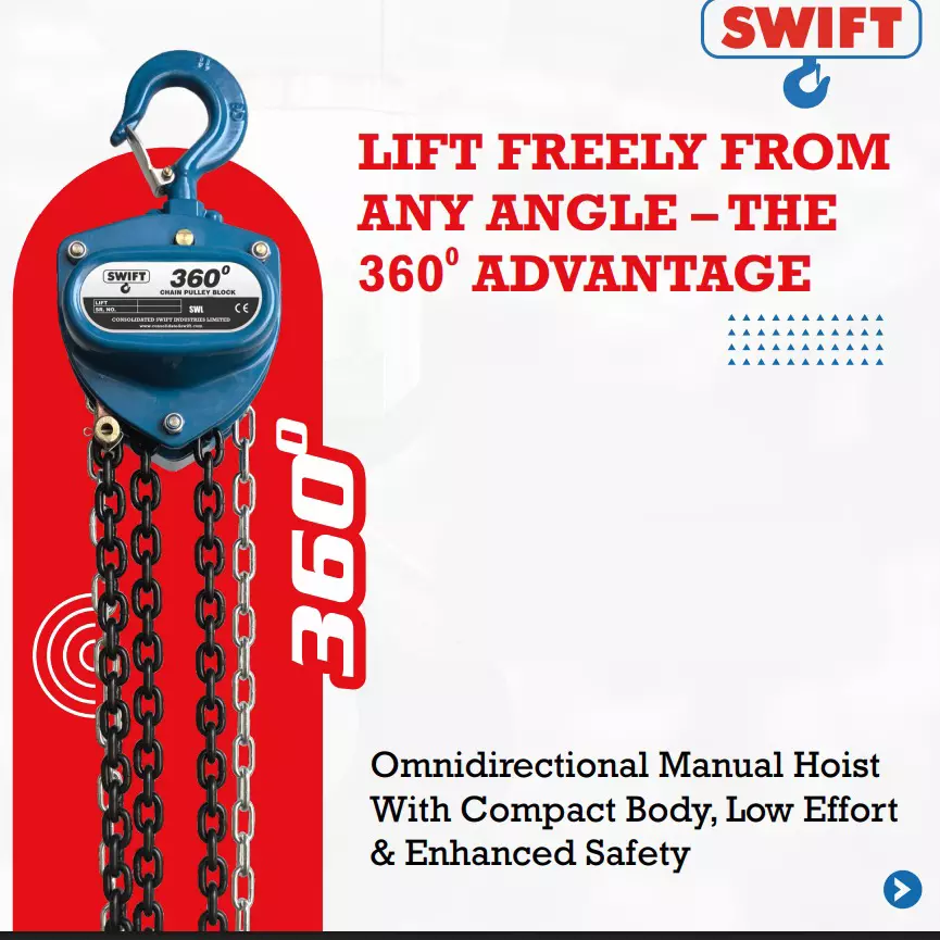 SWIFT 360° Chain Pulley Block 5000 Kg (5 Ton) Lifting Capacity 2 No. of Fall 3 m Lifting Height