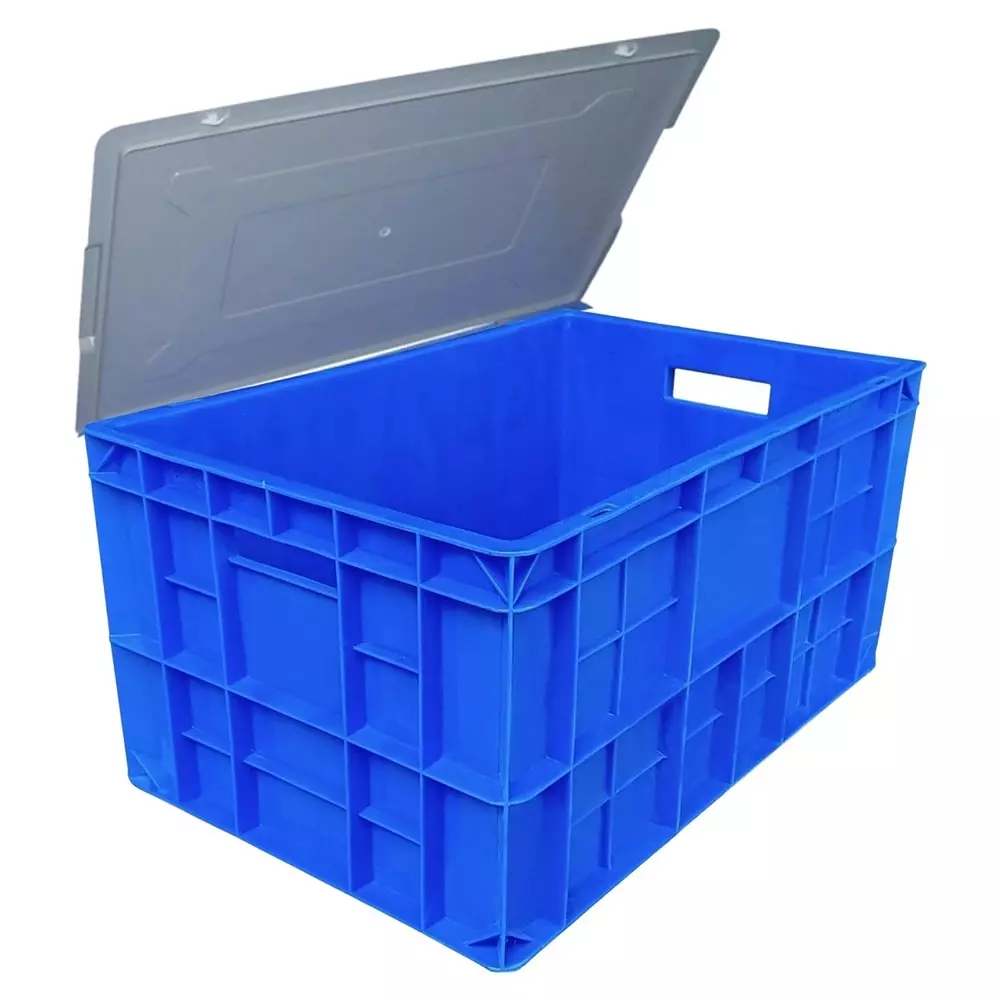 Singhal Portable Storage Crate with Lid Plastic Rectangular Shape 50x32.5x25 cm Blue, SIPLCWL_503225_P3 (Pack of 3 Pcs)