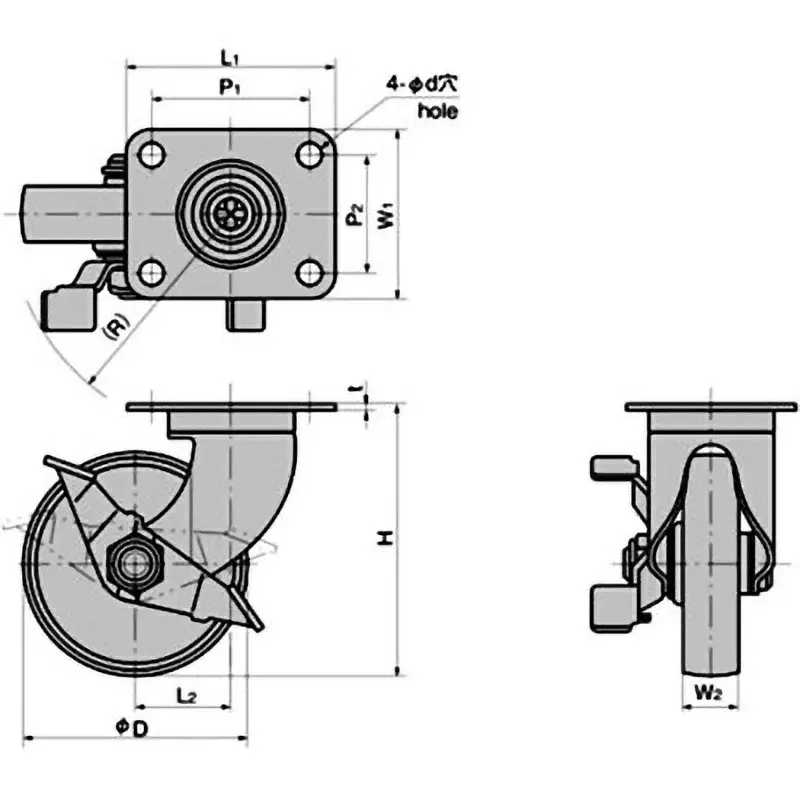 TAKIGEN Stainless Steel Pressed Swivel Caster 53x41 mm (P1xP2), K-1304GS-75-SUS