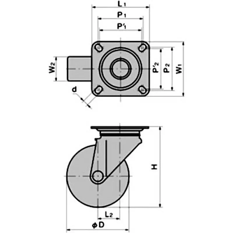 TAKIGEN Stainless Steel Swivel Caster 55x42 mm (P1xP2), K-1315S-65-PH