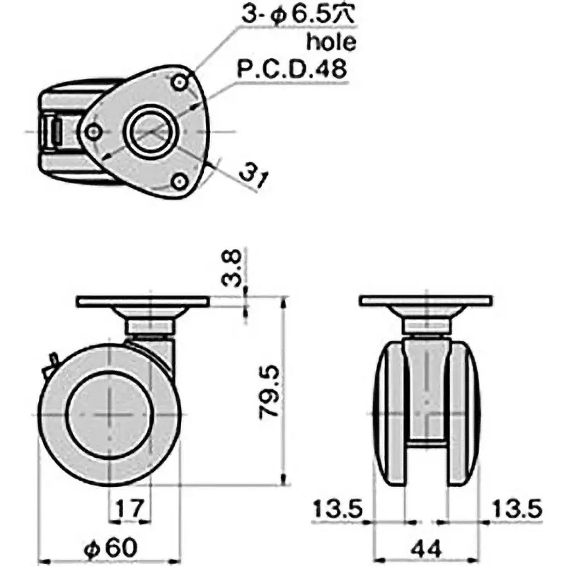 TAKIGEN Twin Wheel Swivel Caster Nylon 1.47 kN Allowable Load, K-200GS-60