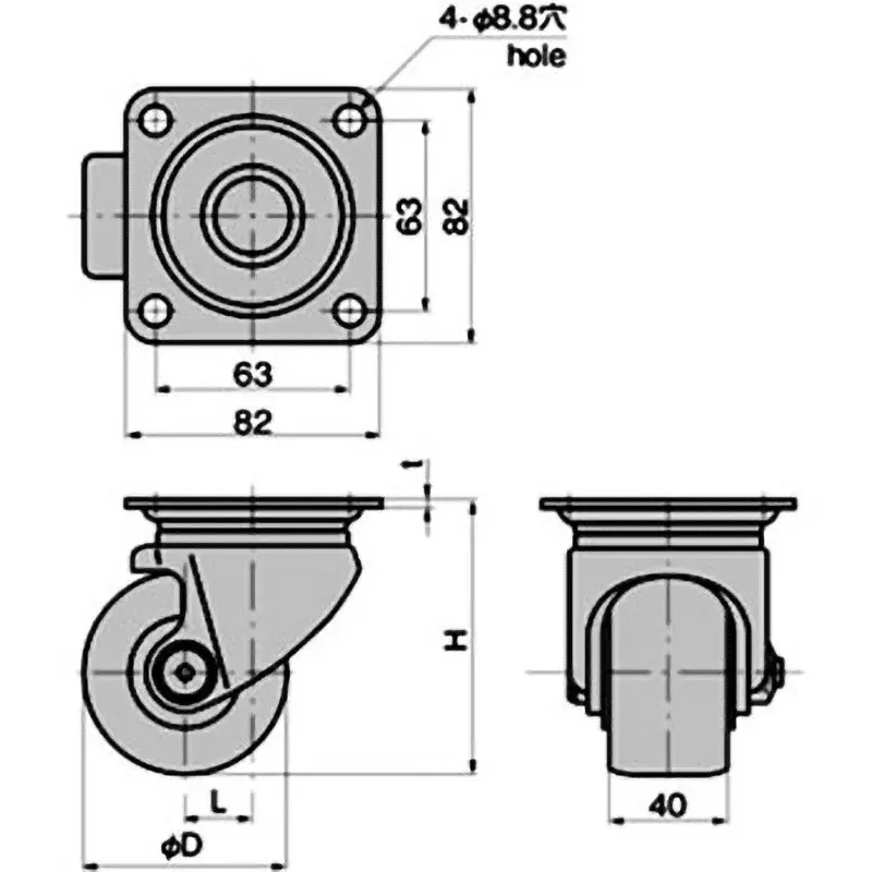 TAKIGEN Low Floor Heavy Duty Free Caster Nylon 2.94N Allowable Loads, K-540S-75-NRB