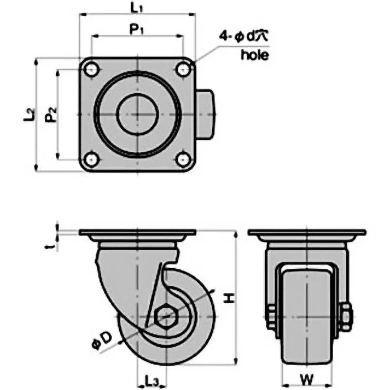 TAKIGEN Heavy Duty Low Floor Caster 1.96N Allowable Loads, K-100HB2-40-EP