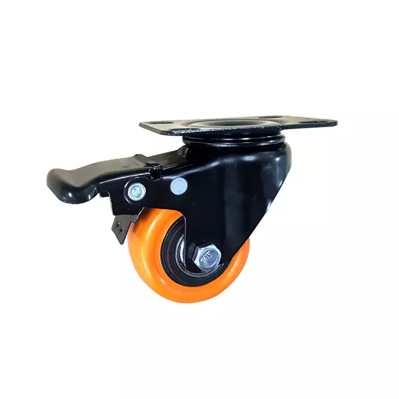 Muvall Castor Wheel Orange Polyuretahane (PU) With Electrophoretic Finish Pressed Mild Steel Castor Brake Type 65 mm Dia. x 32 mm Width, PSTP B 65 32 OPUB