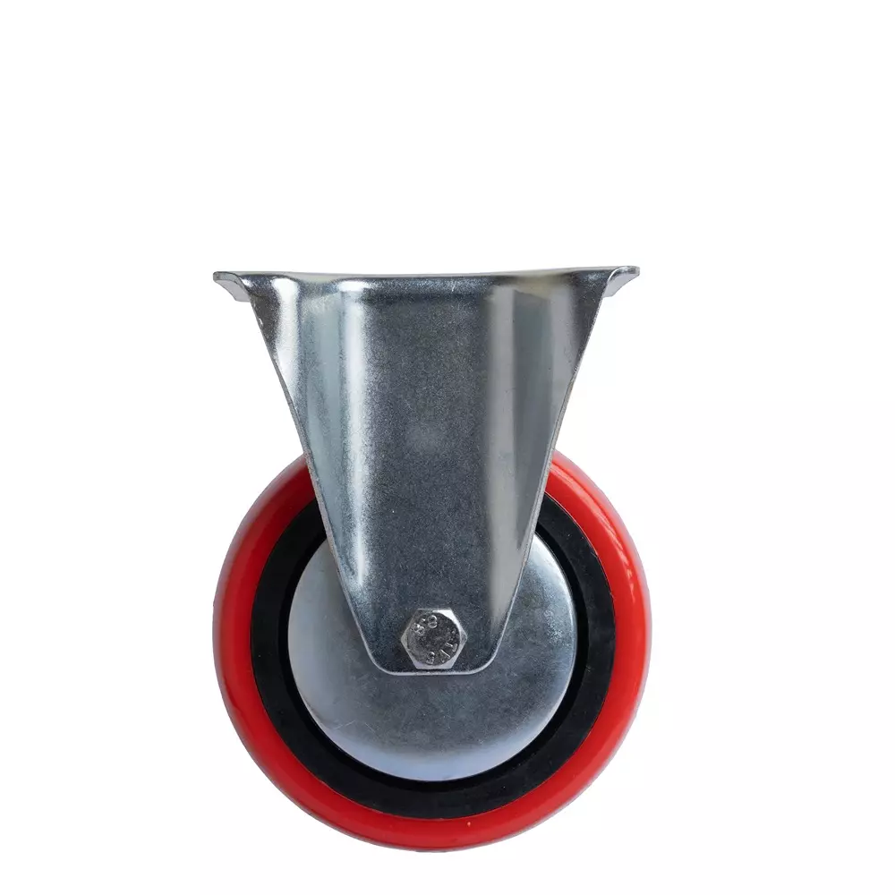 Muvall Castor Wheel Red Polyuretahane (PU) With Pressed Mild Steel Castor Fixed Type 200 mm Dia. x 50 mm Width, PST F 200 50 PUB