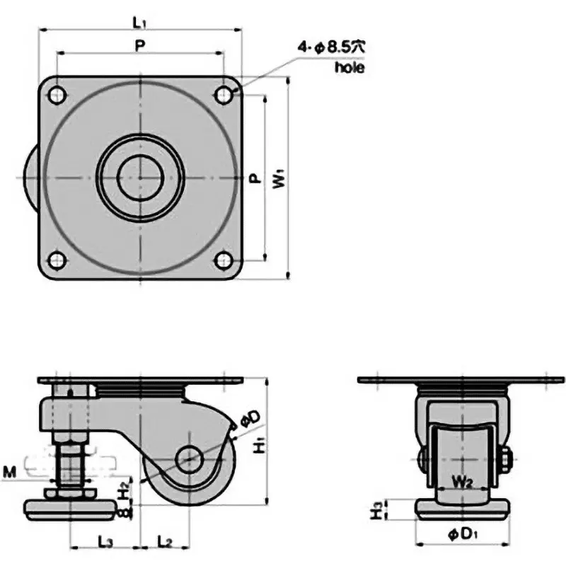 TAKIGEN Low Floor Caster Polyurethane Resin with Adjuster Foot, K-100HB2-AF-40-EP