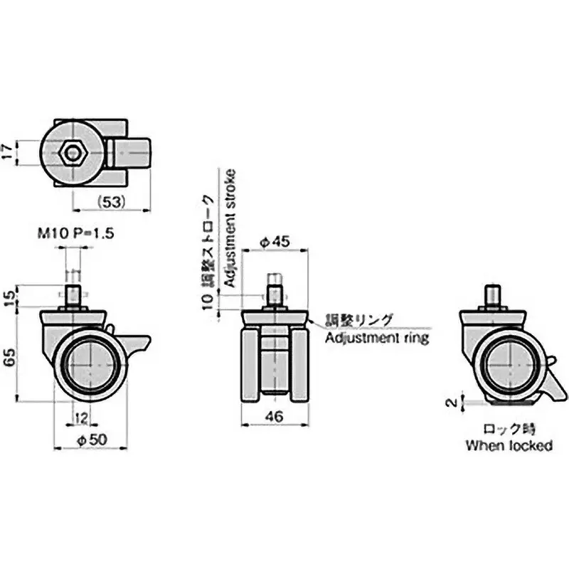 takigen-double-wheel-swivel-caster-bolt-type-polyamide-392n-allowable-loads-k-203gn-50-n
