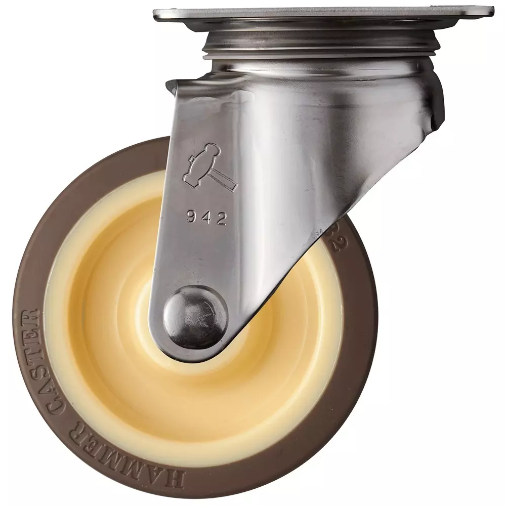 TAKIGEN Stainless Steel Swivel Caster Urethane 1kN Allowable Loads without Stopper, K-1320S-100-UB