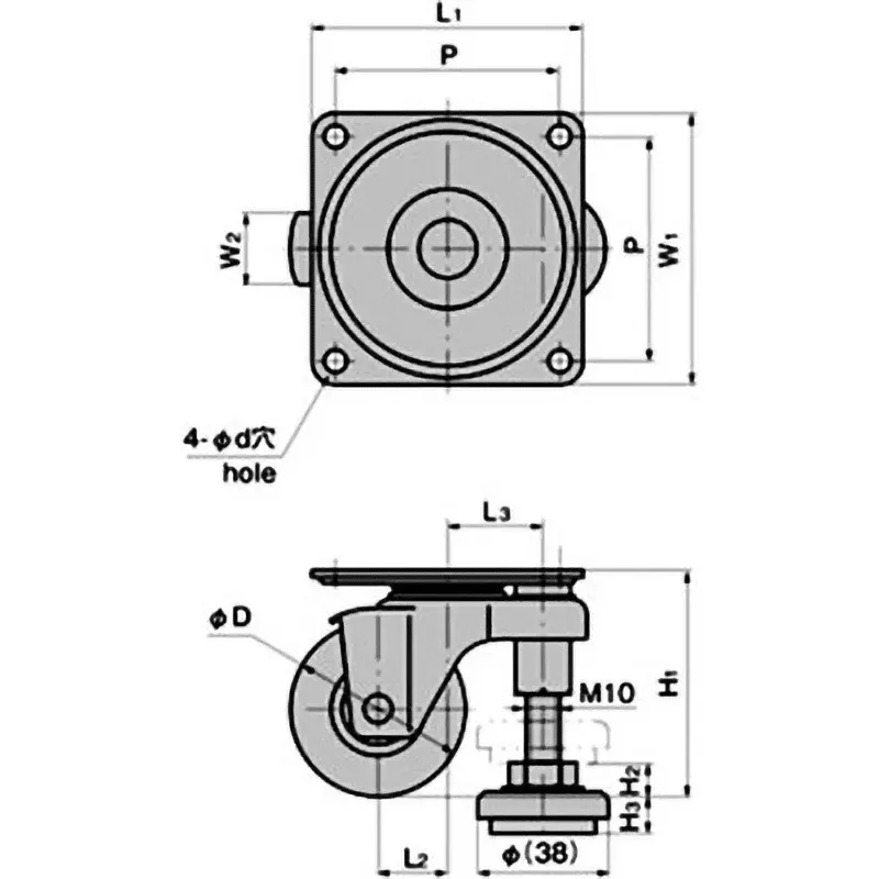 takigen-swivel-caster-synthetic-rubber-580n-allowable-loads-with-adjuster-foot-k-100af-63-r