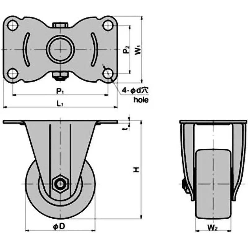 TAKIGEN Low-Profile Heavy-Duty Fixed Caster Rubber 0.8kN Allowable Loads, K-611K-50-R