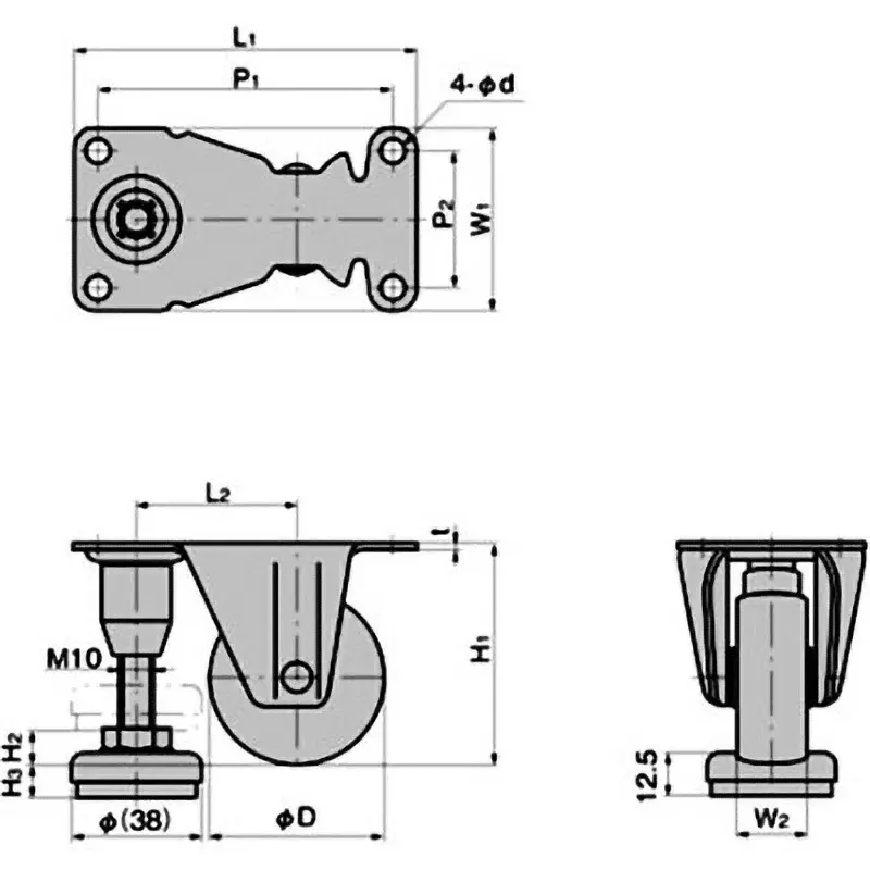 TAKIGEN Fixed Caster Synthetic Rubber with Adjuster Foot, K-600AF-50-R