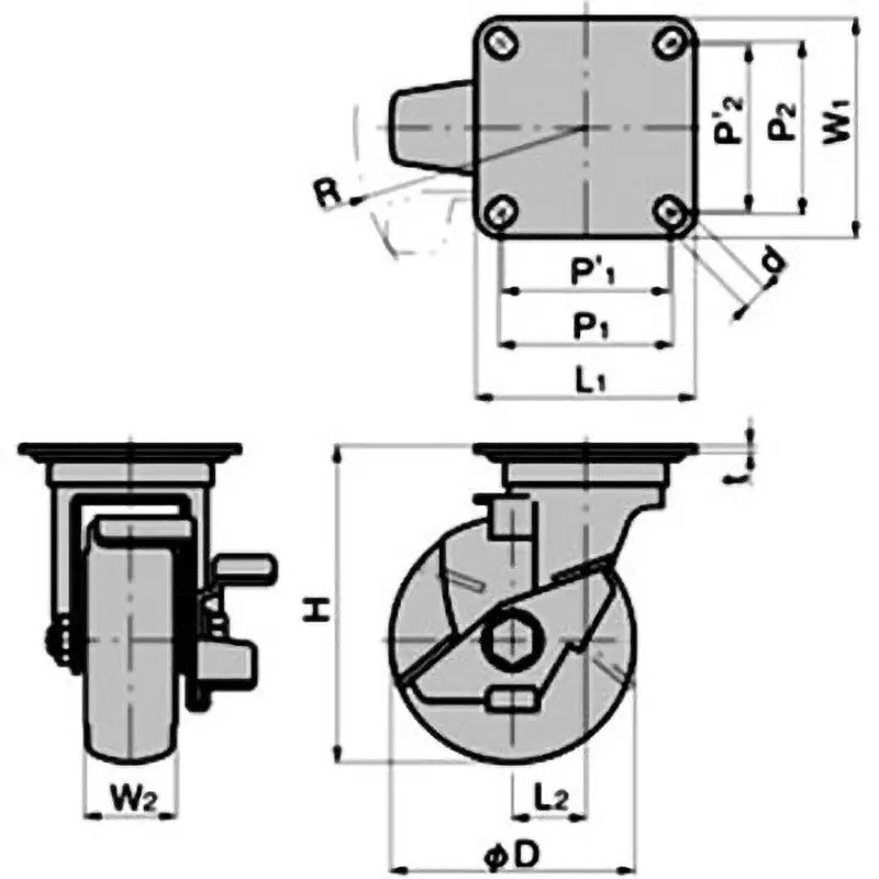 TAKIGEN Gray Wheel Casters Rubber 1500N Allowable Loads, K-612J-125-R