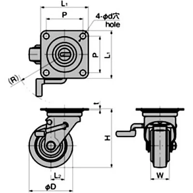 TAKIGEN Press Large Caster Synthetic Rubber 82x57 mm (L1xL2), K-50-100