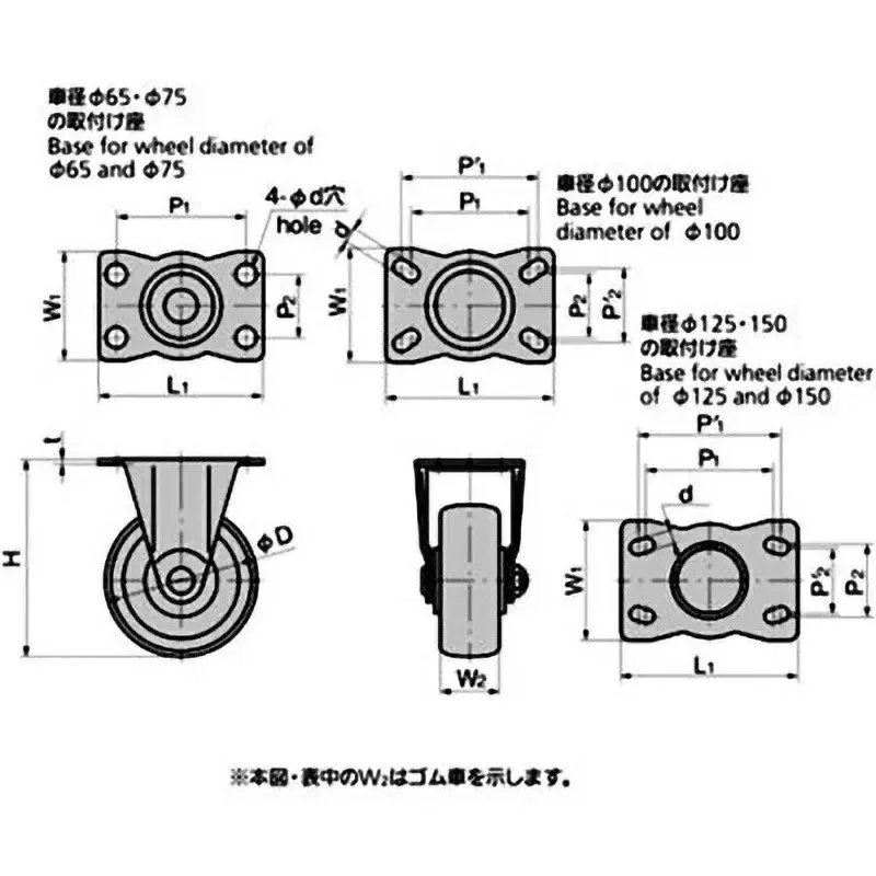 TAKIGEN Swivel Caster Rubber 0.59N Allowable Loads, K-420S-75-R