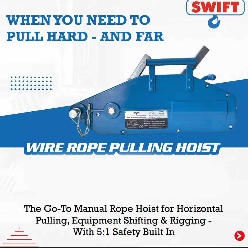 SWIFT Manual Wire Rope Pulling Hoist 1600 Kg (1.6 Ton) Capacity 20 m Rope Length Horizontal Pulling