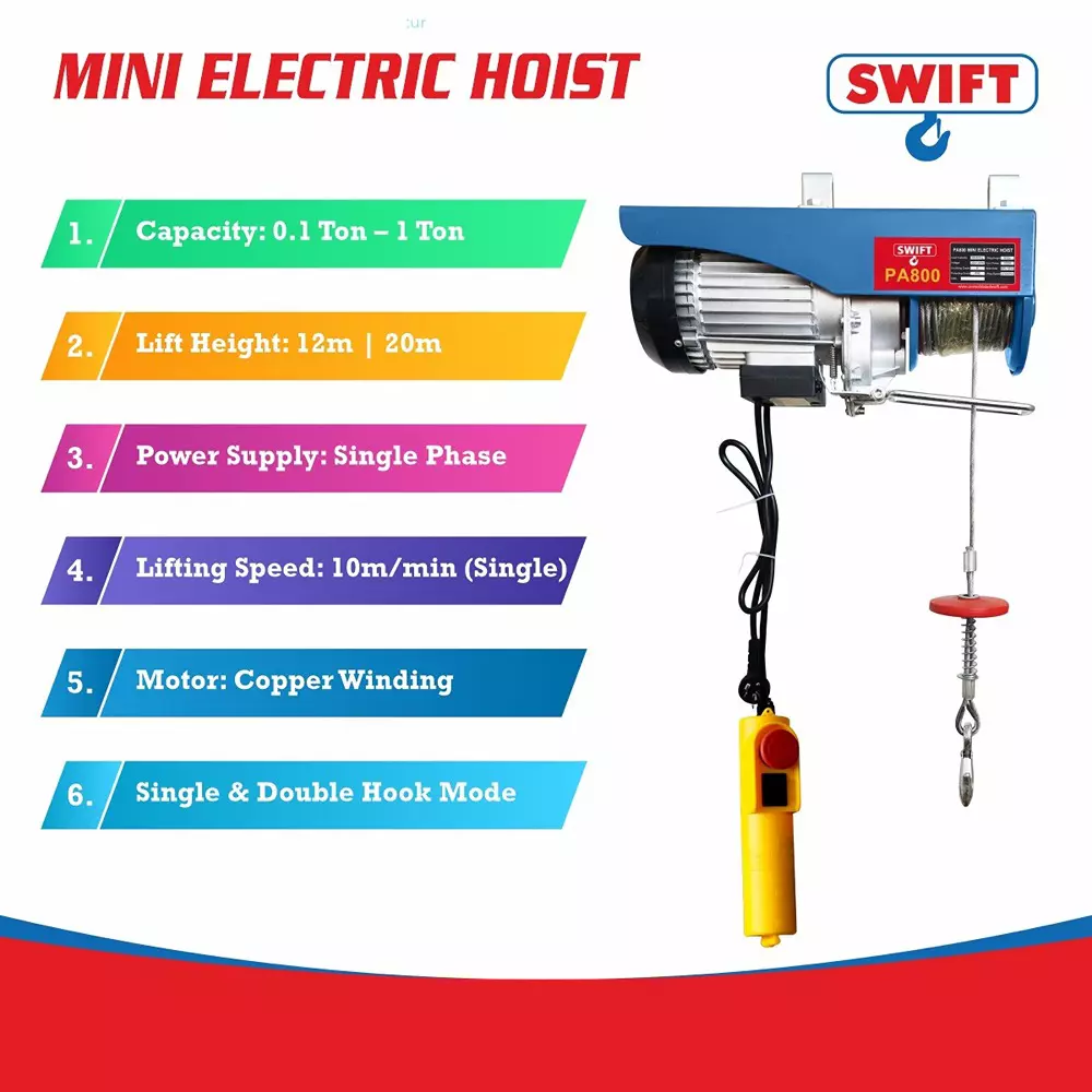 swift-mini-electric-hoist-800-kg-08-ton-capacity-20-m-lifting-height-singledouble-hook-flexibility-pa-800