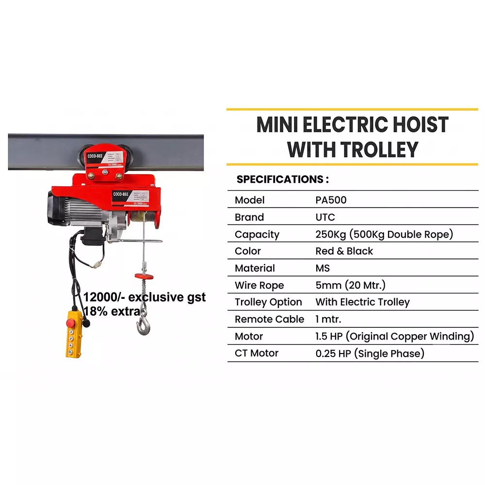 utc-mini-electric-hoist-with-trolley-15-hp-motor-power-and-250-kg-500-kg-double-rope-load-capacity-pa500