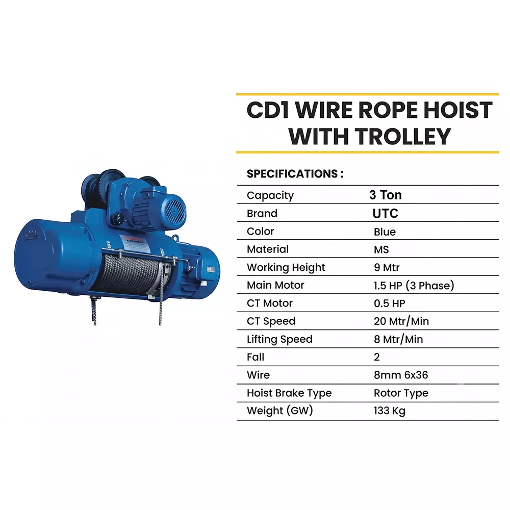 utc-cd1-wire-rope-hoist-with-trolley-3-ton-3000-kg-load-capacity-15-hp-motor-power-and-8-mpm-lifting-speed