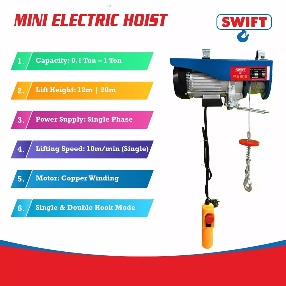 swift-mini-electric-hoist-600-kg-06-ton-capacity-12-m-lifting-height-singledouble-hook-flexibility-pa600