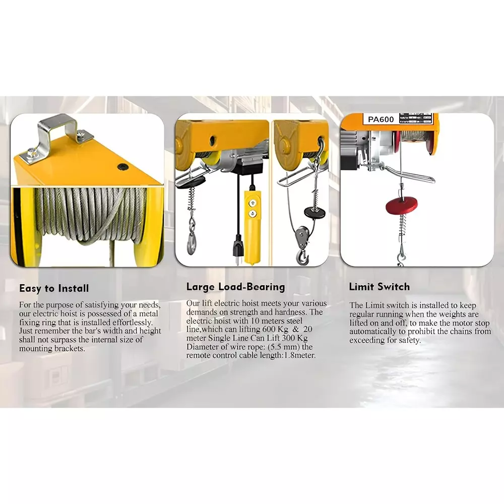 Hartley Mini Electric Wire Rope Hoist With Trolley 1200 Kg Load Capacity 20 m Wire Length Copper Motor Winding Electric, ‎NS-EH 1200X20