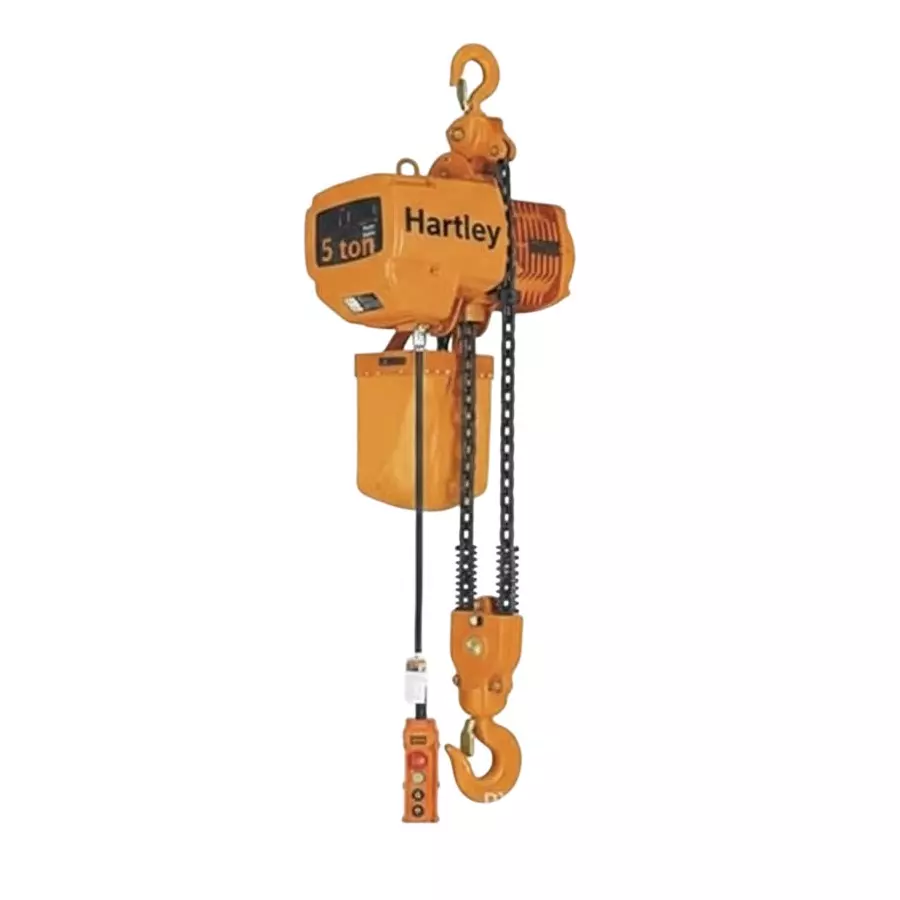 Hartley Electric Chain Hoist Mild Steel 5 Ton Load Capacity Double Fall Chain System 6.8 m/min Lifting Speed without Trolley Chain Hoist