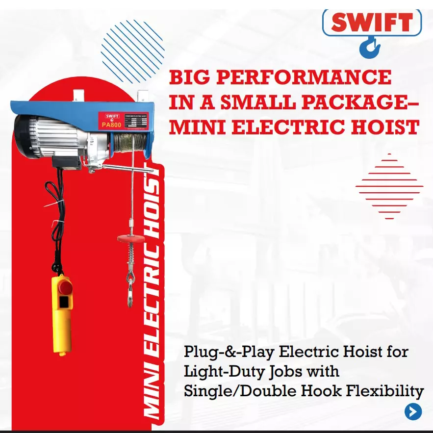SWIFT Mini Electric Hoist 800 Kg (0.8 Ton) Capacity 12 m Lifting Height Single/Double Hook Flexibility, PA 800