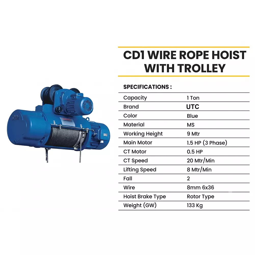 utc-cd1-wire-rope-hoist-with-trolley-1-ton-1000-kg-load-capacity-15-hp-motor-power-and-8-mpm-lifting-speed