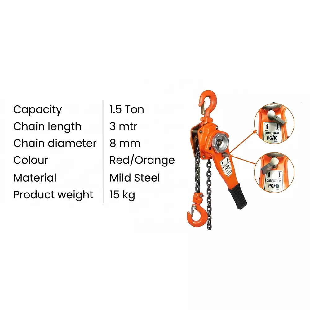 utc-ratchet-lever-hoist-15-ton-1500-kg-load-capacity-8-mm-chain-diameter-and-3-m-chain-length