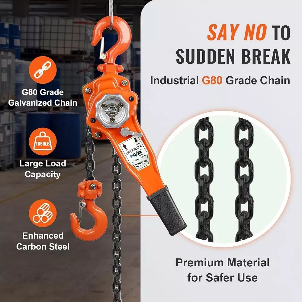 Voltz Ratchet Lever Chain Hoist with 3 m Chain Length and 750 Kg Lifting Capacity, VZ-0.75
