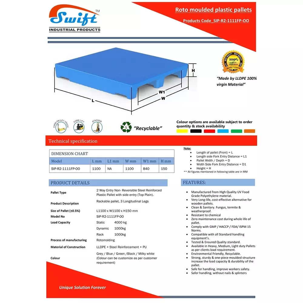 swift-technoplast-2-way-entry-flat-plain-lldpe-industrial-plastic-pallets-top-antiskid-1100x1100x150-mm-sip-r2-1111fp