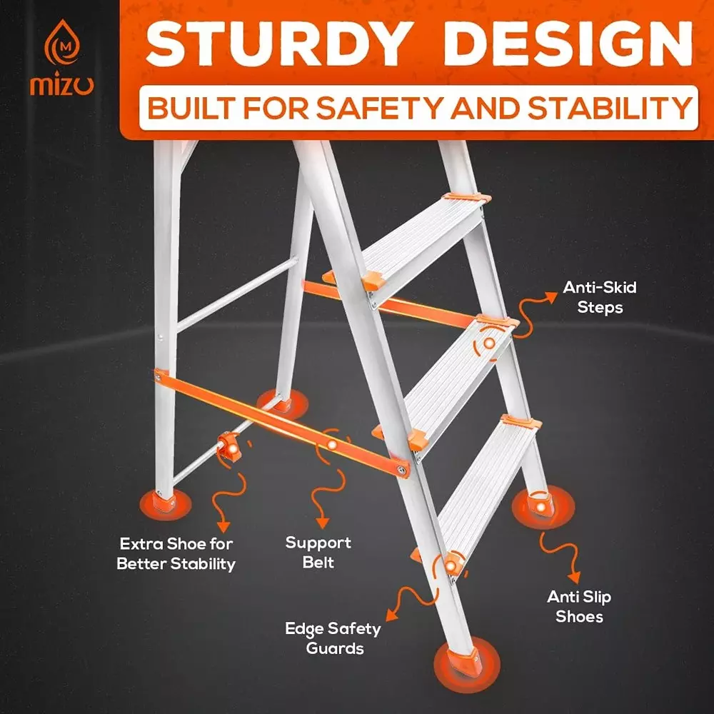 Mizu 8 Steps Foldable ladder Aluminium 231.64 cm Silver Load Capacity Upto 400 Kg with Platform for Home