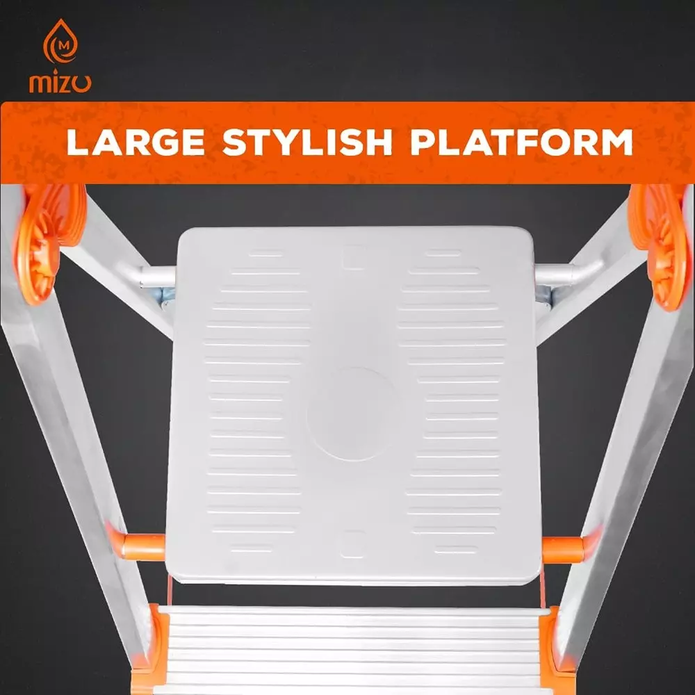 Mizu 8 Steps Foldable ladder Aluminium 231.64 cm Silver Load Capacity Upto 400 Kg with Platform for Home